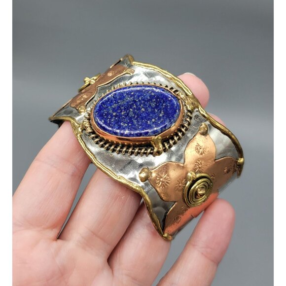 Mixed Metal Copper Flower Blue Lapiz Lazuli Cuff Bracelet B1A - Picture 5 of 9